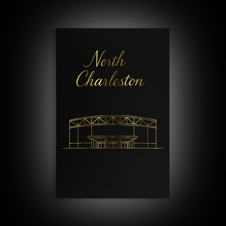 North Charleston South Carolina Travel Poster, Canvas Print, Gold Outline Poster Art, North Charleston Poster Print, Living Room Wall Art