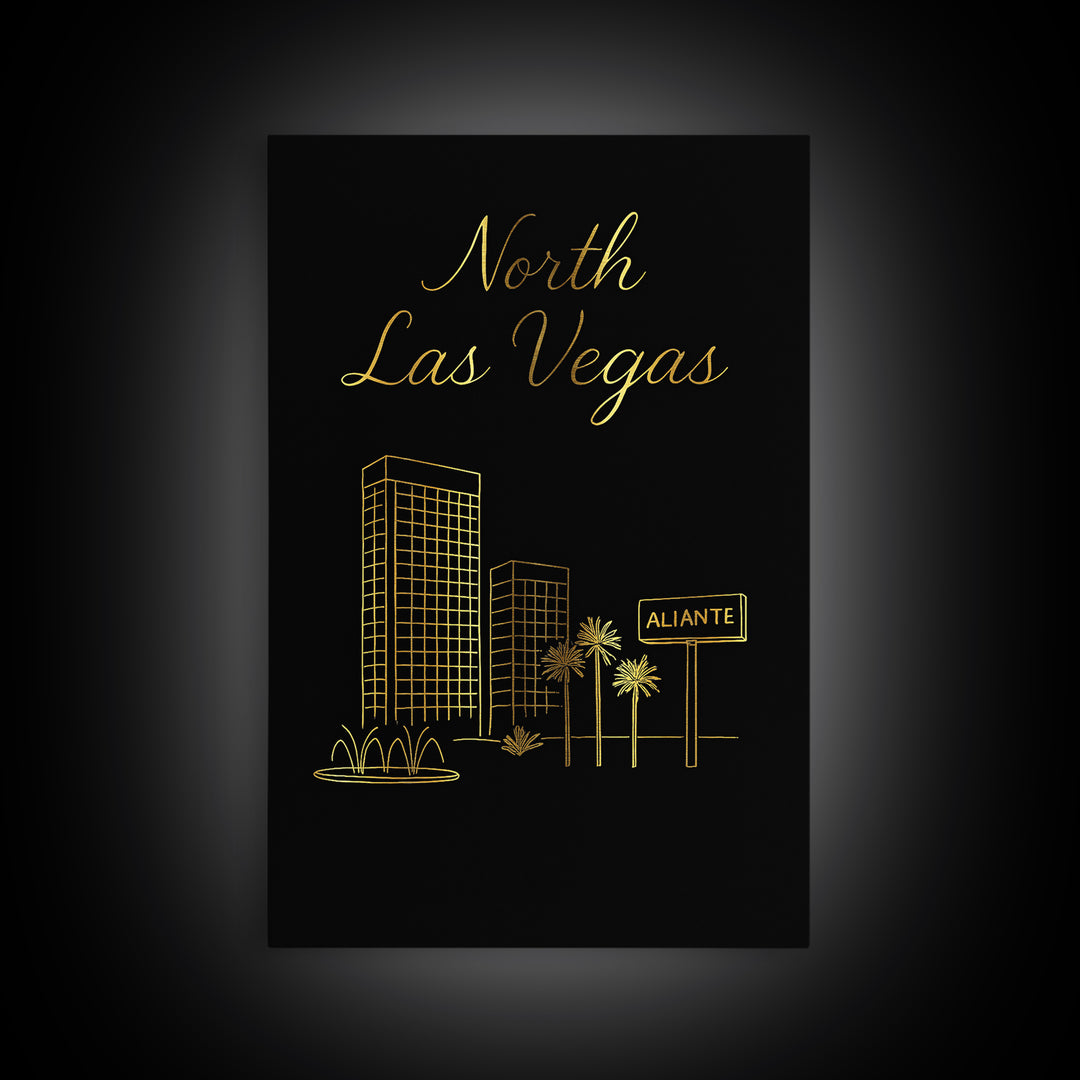 North Las Vegas Nevada Travel Poster, Canvas Print, Gold Outline Poster Art, North Las Vegas Art Print, Vintage City Art, Vintage Travel Art