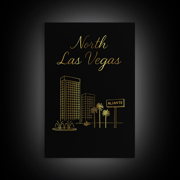 North Las Vegas Nevada Travel Poster, Canvas Print, Gold Outline Poster Art, North Las Vegas Art Print, Vintage City Art, Vintage Travel Art