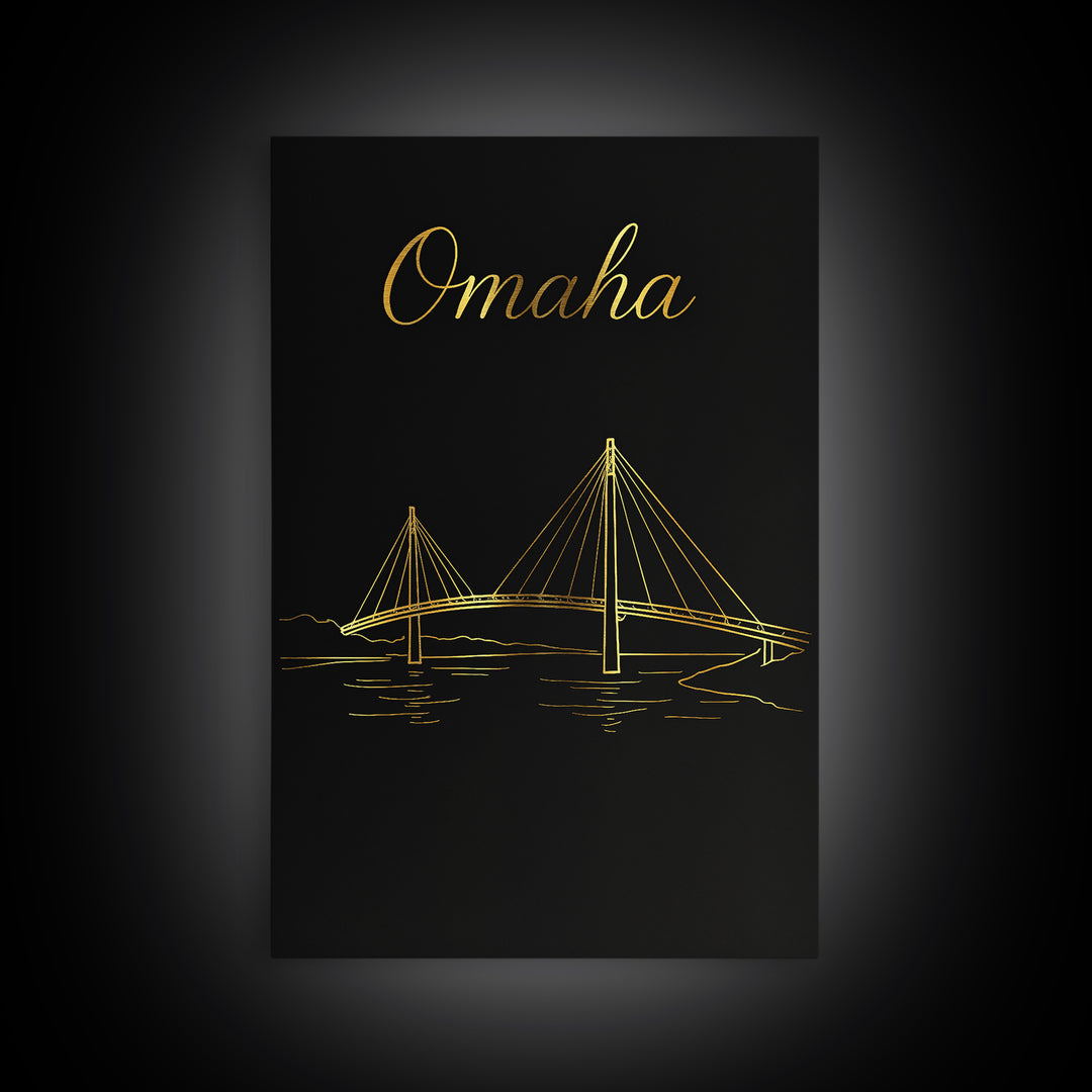 Omaha Nebraska Travel Poster, Canvas Print, Black Gold Minimalist Art, Omaha City Art, Eclectic Wall Decor, Wall Art, Wanderlust Decor