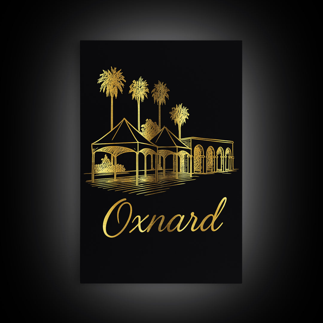 Oxnard California Travel Poster, Framed Canvas Print, Minimalist Gold Line Art, Oxnard Art Print, City Travel Prints, Eclectic Wall Decor