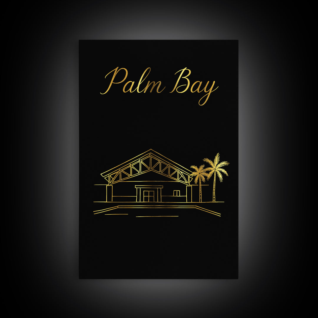 Palm Bay Florida Travel Poster, Canvas Print, Minimalist Gold Line Art, Palm Bay Travel Art, Wall Decor, City Illustration, Poster Print