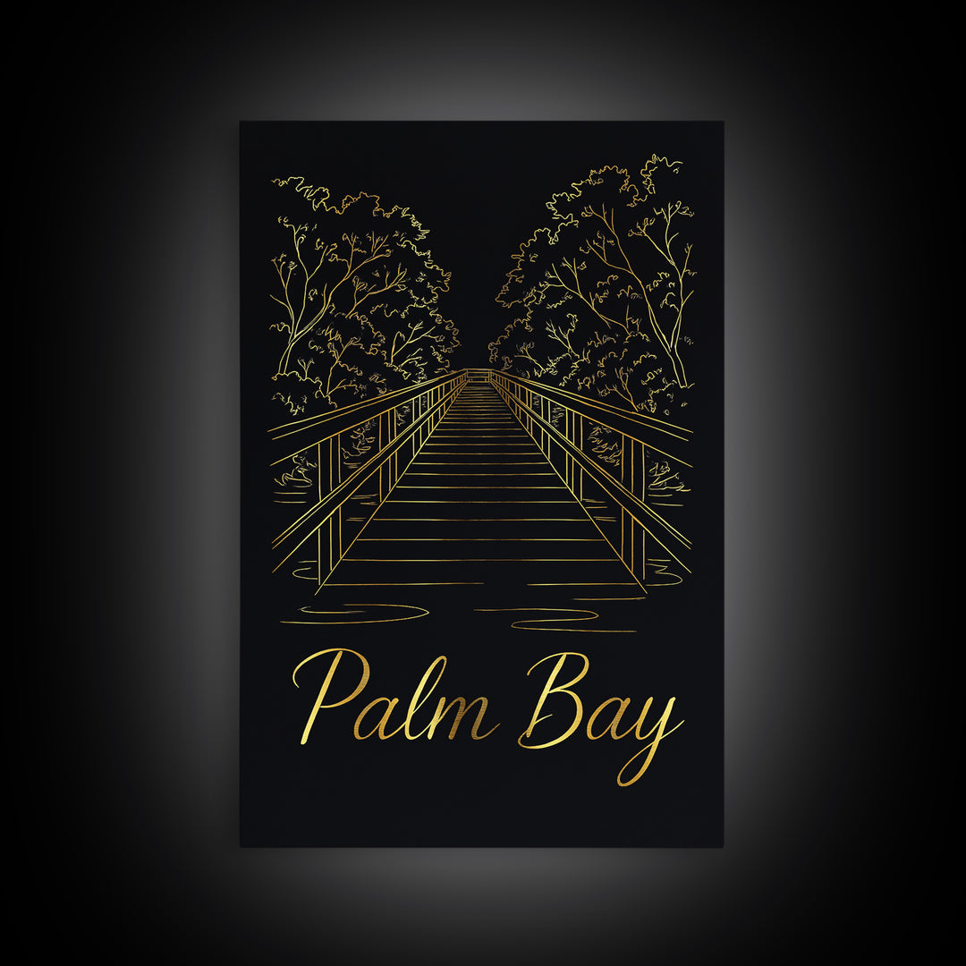 Palm Bay Travel Poster, Canvas Print, Black Gold Minimalist Art, Palm Bay Poster Print, Gift For Travelers, Living Room Wall Art
