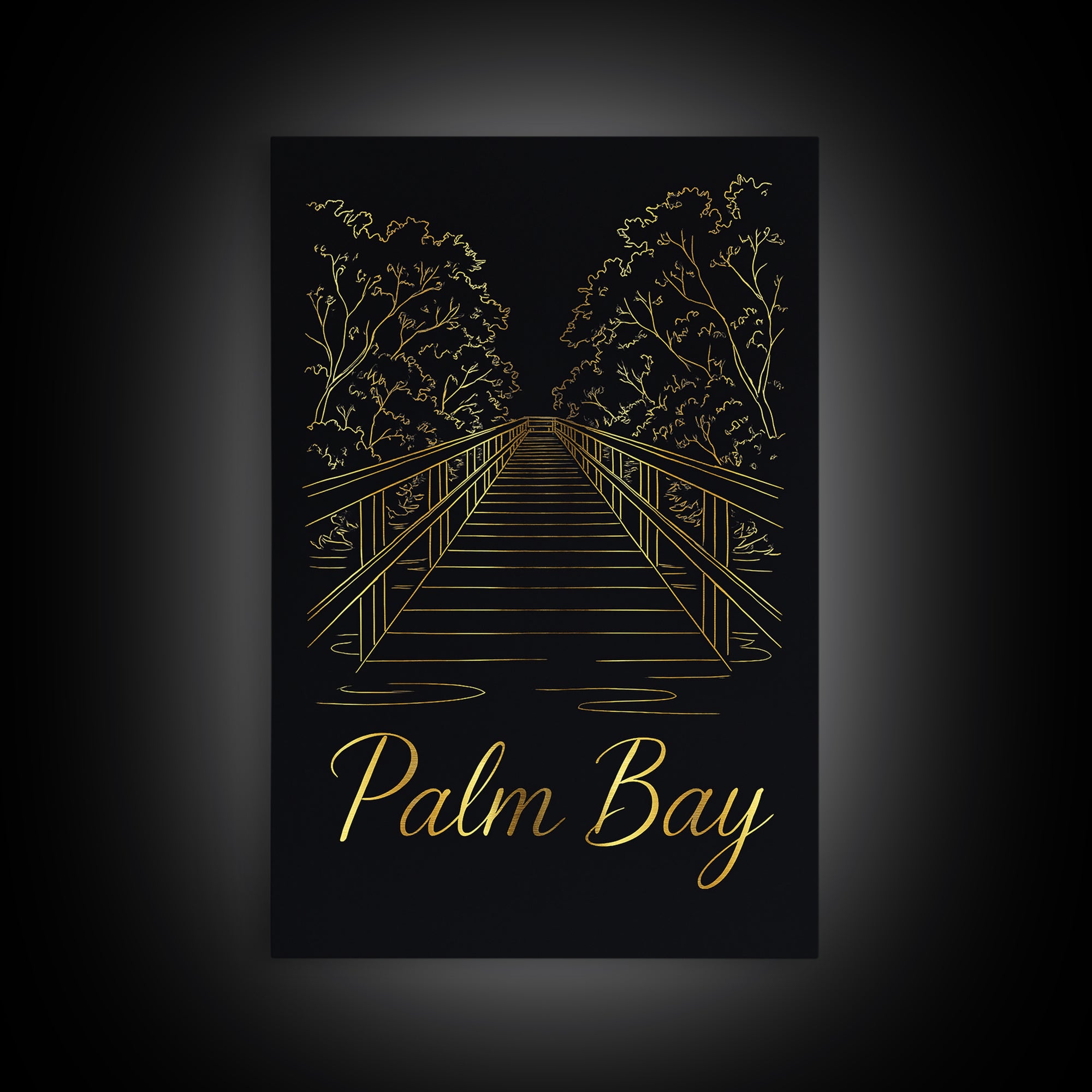 Palm Bay Travel Poster, Canvas Print, Black Gold Minimalist Art, Palm Bay Poster Print, Gift For Travelers, Living Room Wall Art