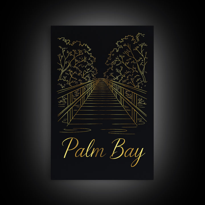 Palm Bay Travel Poster, Canvas Print, Black Gold Minimalist Art, Palm Bay Poster Print, Gift For Travelers, Living Room Wall Art