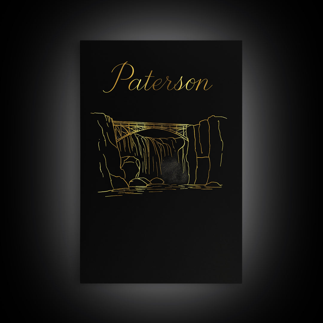 Paterson Travel Poster, Canvas Print, Gold Outline Poster Art, Paterson Wall Art, Vintage Travel Art, Travel Art Print, City Illustration