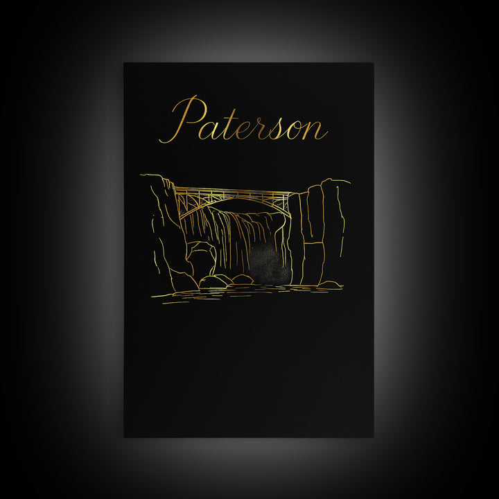 Paterson Travel Poster, Canvas Print, Gold Outline Poster Art, Paterson Wall Art, Vintage Travel Art, Travel Art Print, City Illustration