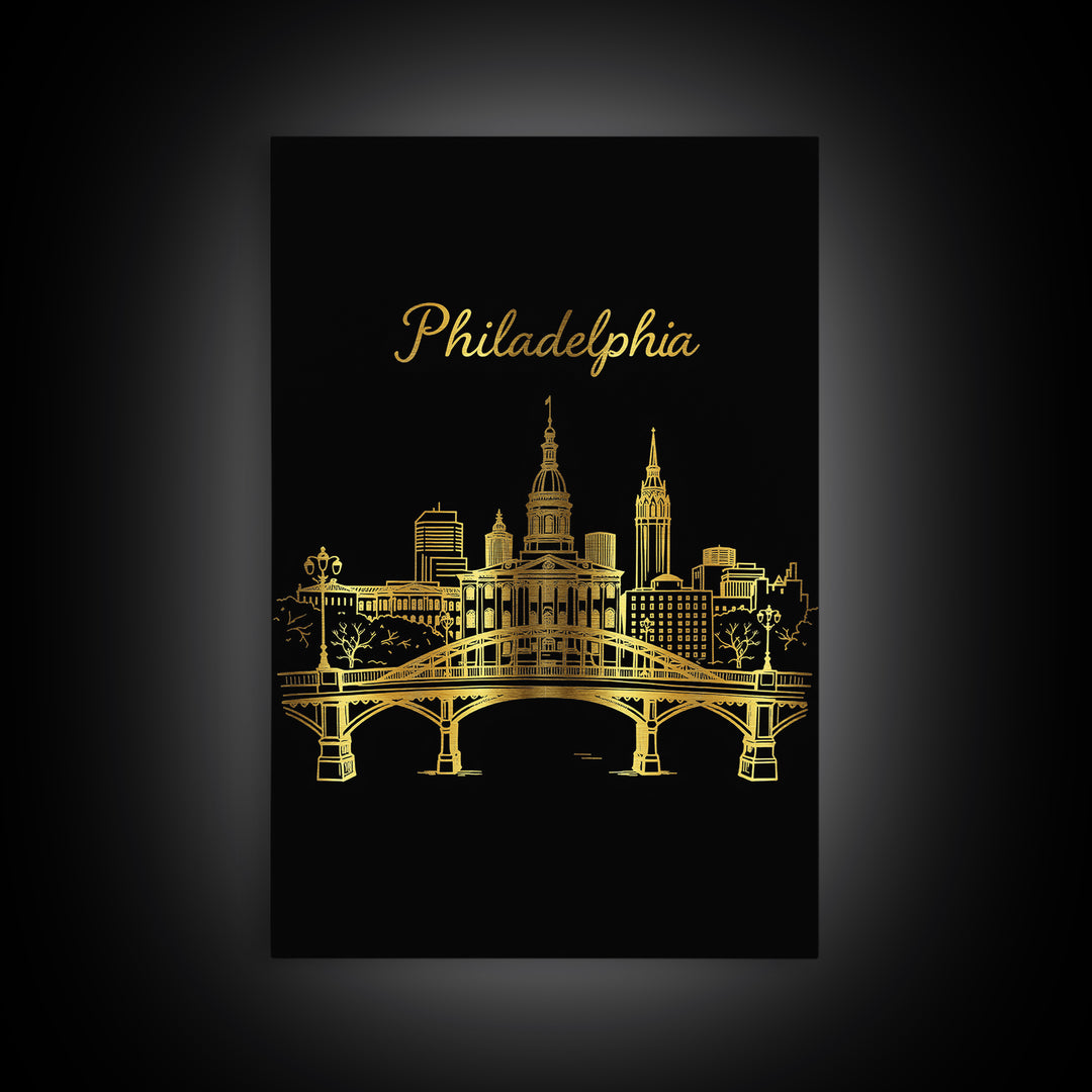 Philadelphia Pennsylvania Travel Poster, Canvas Print, Gold Outline Poster Art, Philadelphia Wall Art, Watercolor Skyline, City Illustration