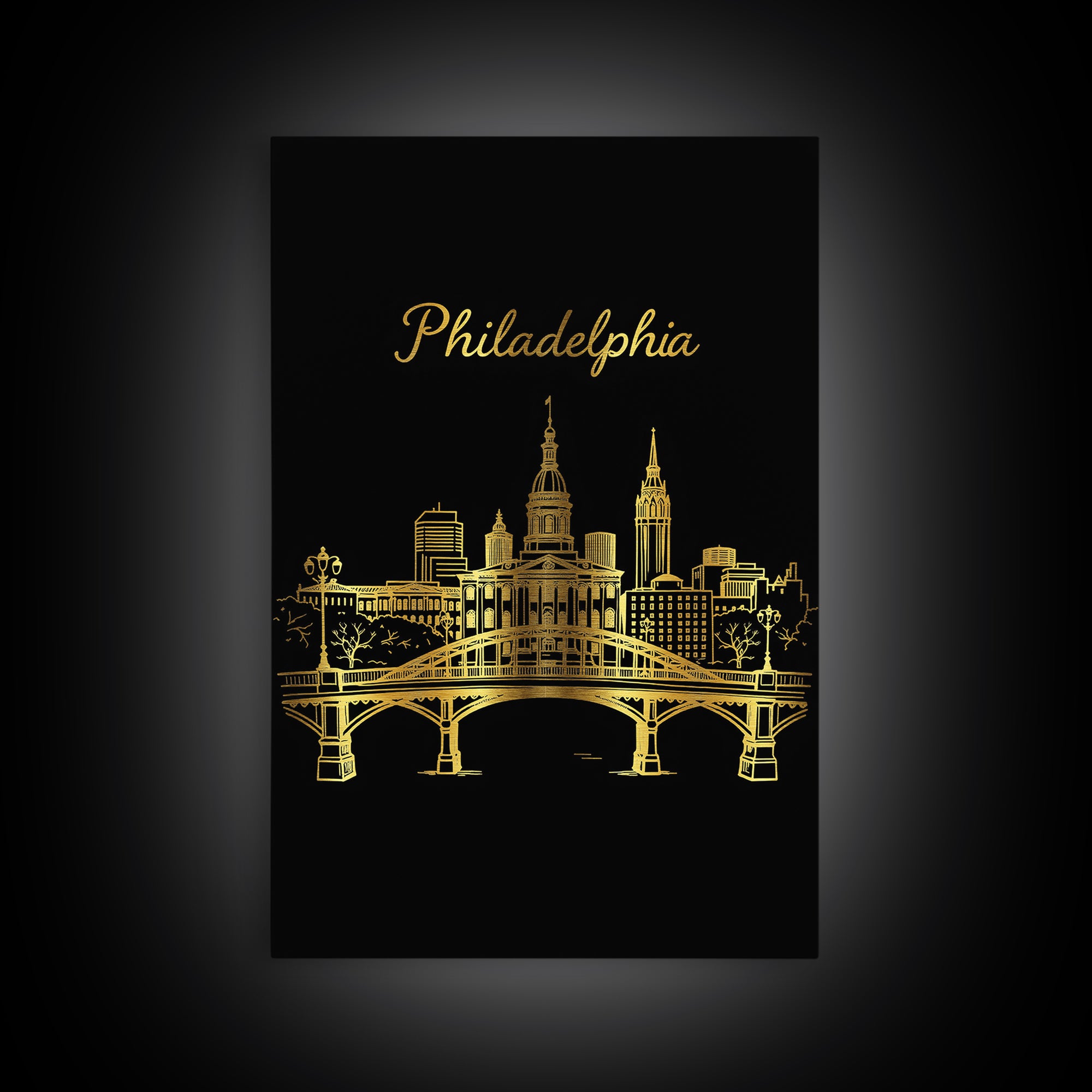 Philadelphia Pennsylvania Travel Poster, Canvas Print, Gold Outline Poster Art, Philadelphia Wall Art, Watercolor Skyline, City Illustration