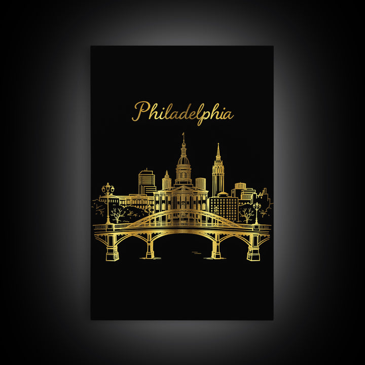 Philadelphia Pennsylvania Travel Poster, Canvas Print, Gold Outline Poster Art, Philadelphia Wall Art, Watercolor Skyline, City Illustration