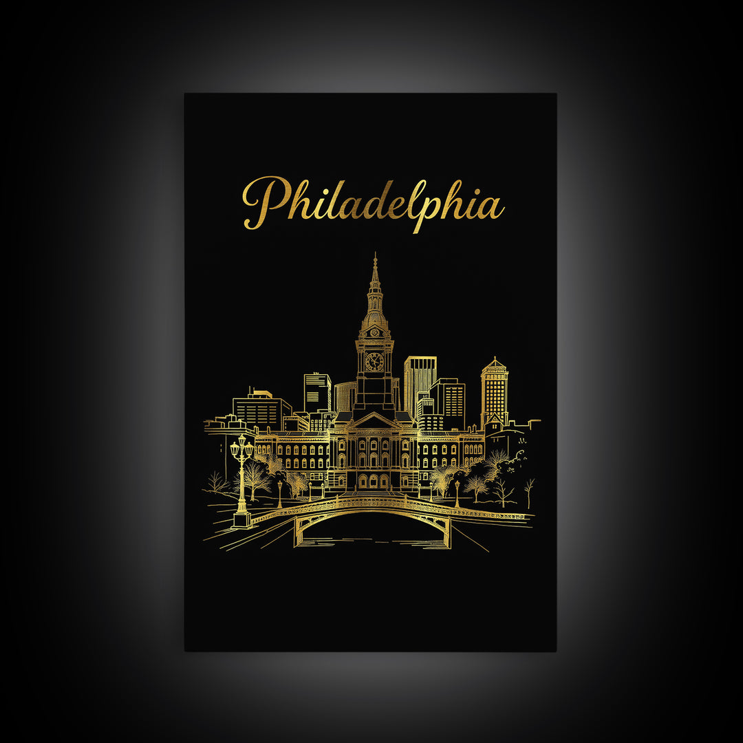 Philadelphia Travel Poster, Canvas Print, Gold Outline Poster Art, Philadelphia Poster Print, City Illustration, Home Office Decor