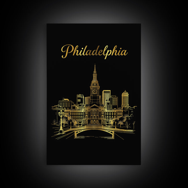 Philadelphia Travel Poster, Canvas Print, Gold Outline Poster Art, Philadelphia Poster Print, City Illustration, Home Office Decor