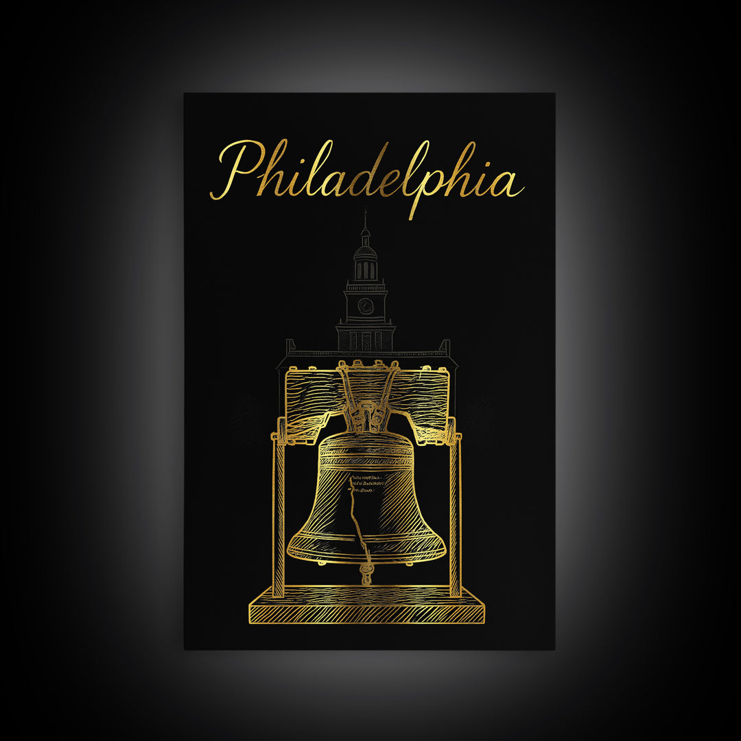 Philadelphia Travel Poster, Framed Canvas Print, Minimalist Gold Line Art, Philadelphia Travel Art, Living Room Wall Art, Home Office Decor