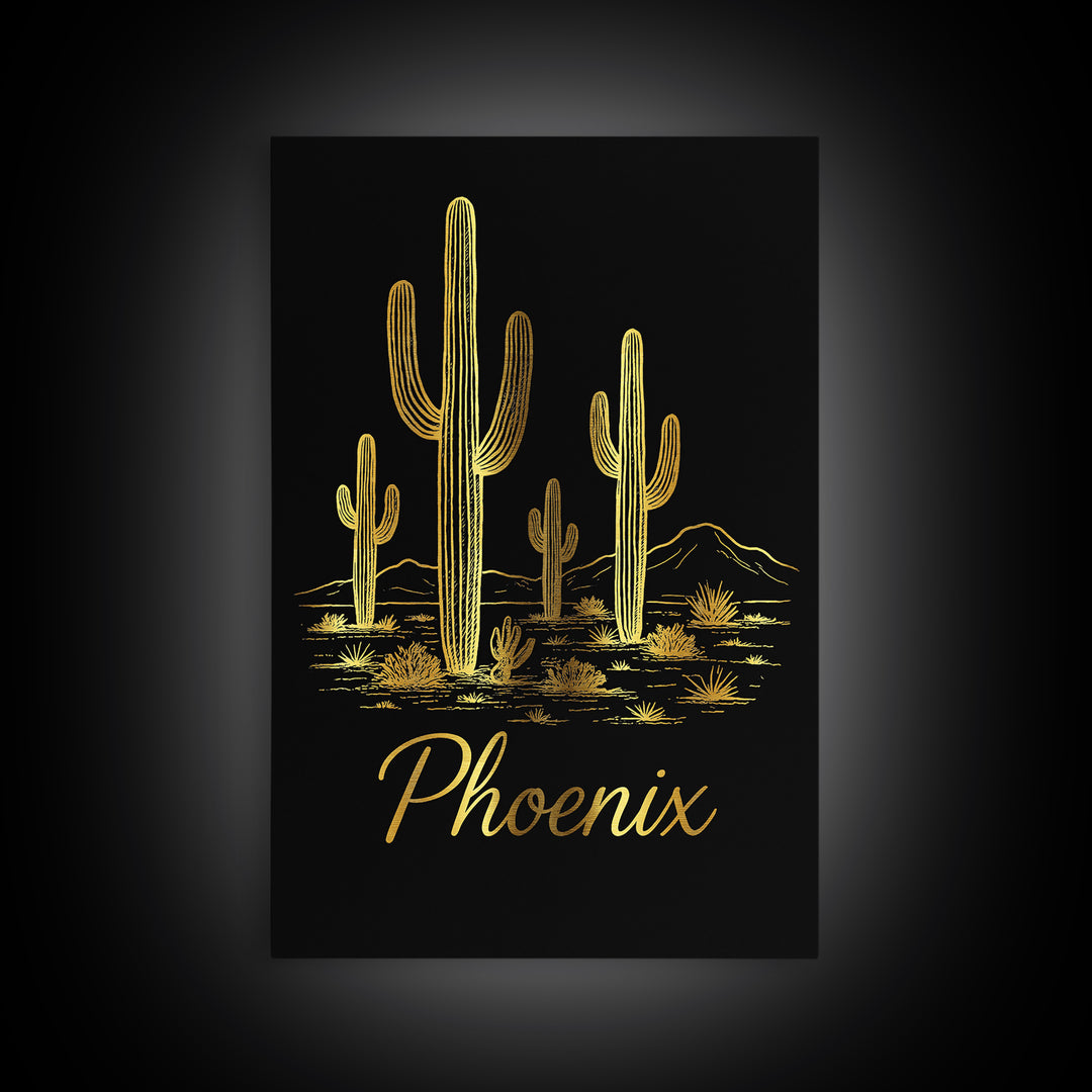 Phoenix Travel Poster, Framed Canvas Print, Gold Outline Poster Art, Phoenix Wall Art, Modern Wall Decor, City Illustration, Home Decor