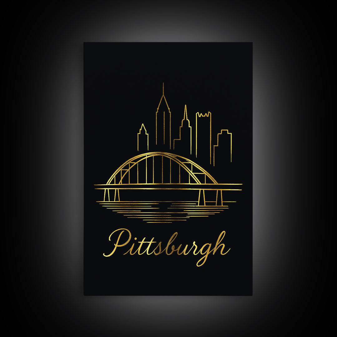 Pittsburgh Travel Poster, Canvas Print, Gold Outline Poster Art, Pittsburgh City Art, Vintage Travel Print, Living Room Wall Art