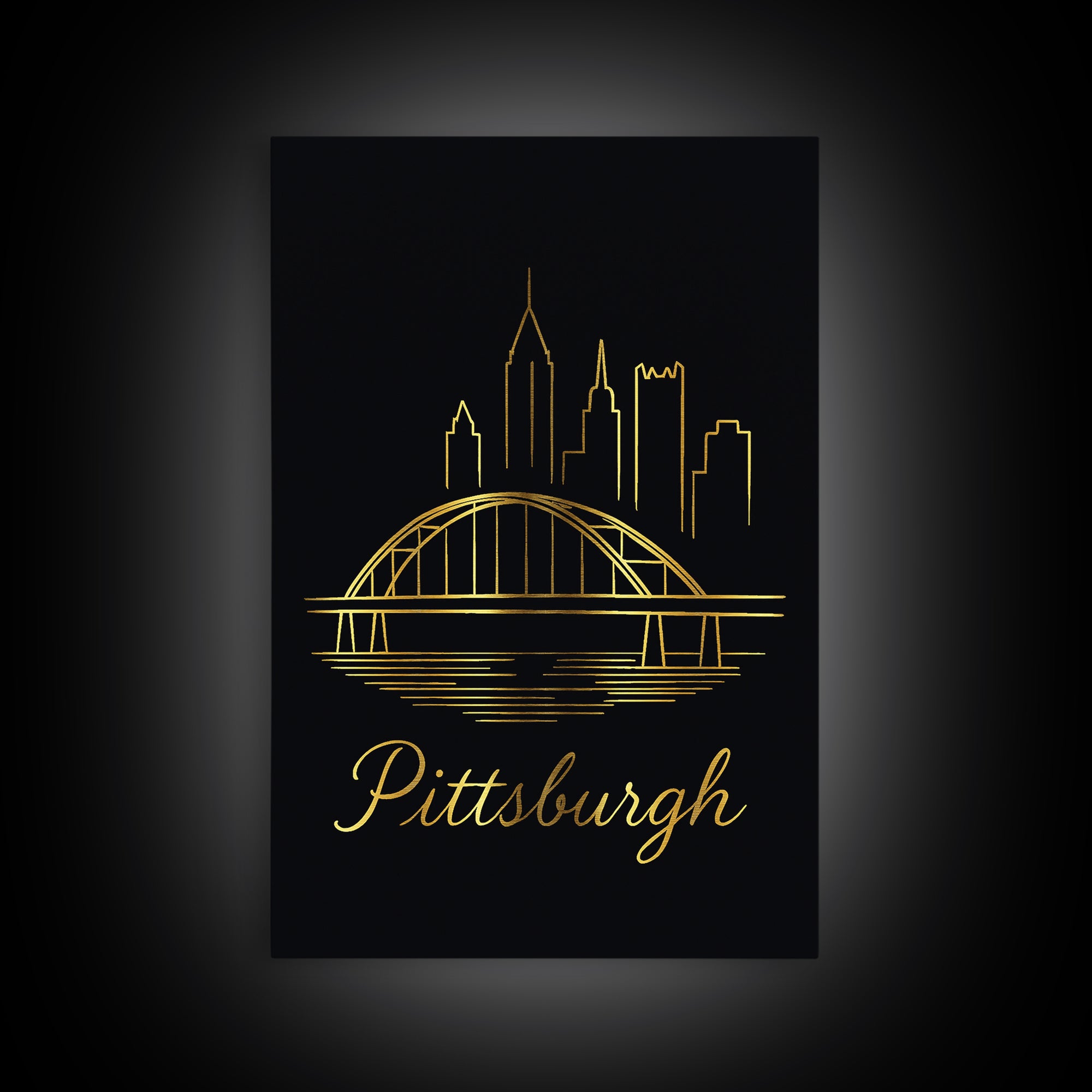 Pittsburgh Travel Poster, Canvas Print, Gold Outline Poster Art, Pittsburgh City Art, Vintage Travel Print, Living Room Wall Art