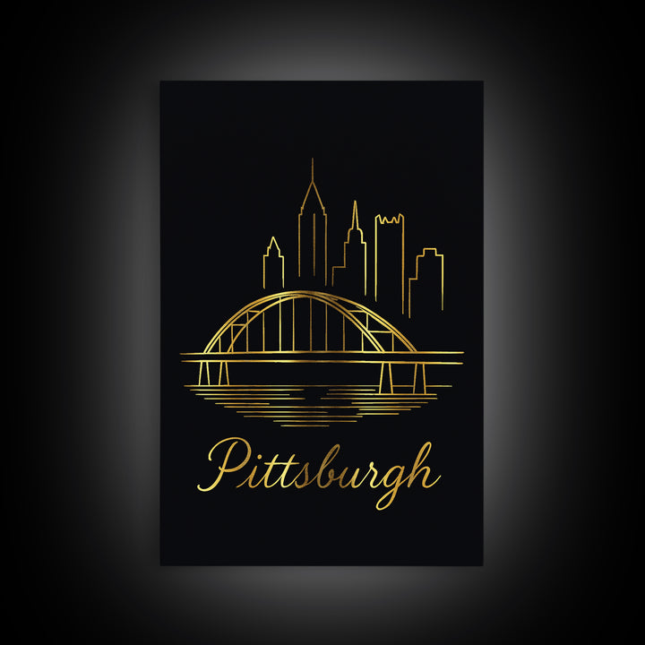 Pittsburgh Travel Poster, Canvas Print, Gold Outline Poster Art, Pittsburgh City Art, Vintage Travel Print, Living Room Wall Art