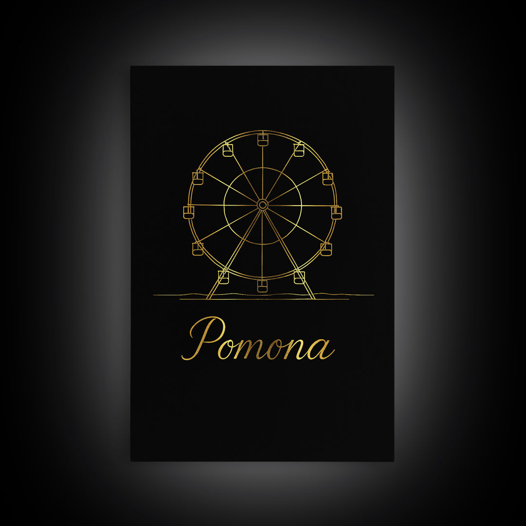 Pomona California Travel Poster, Framed Canvas Print, Black Gold Minimalist Art, Pomona Travel Art, Modern Wall Decor, Mid Century Wall Art