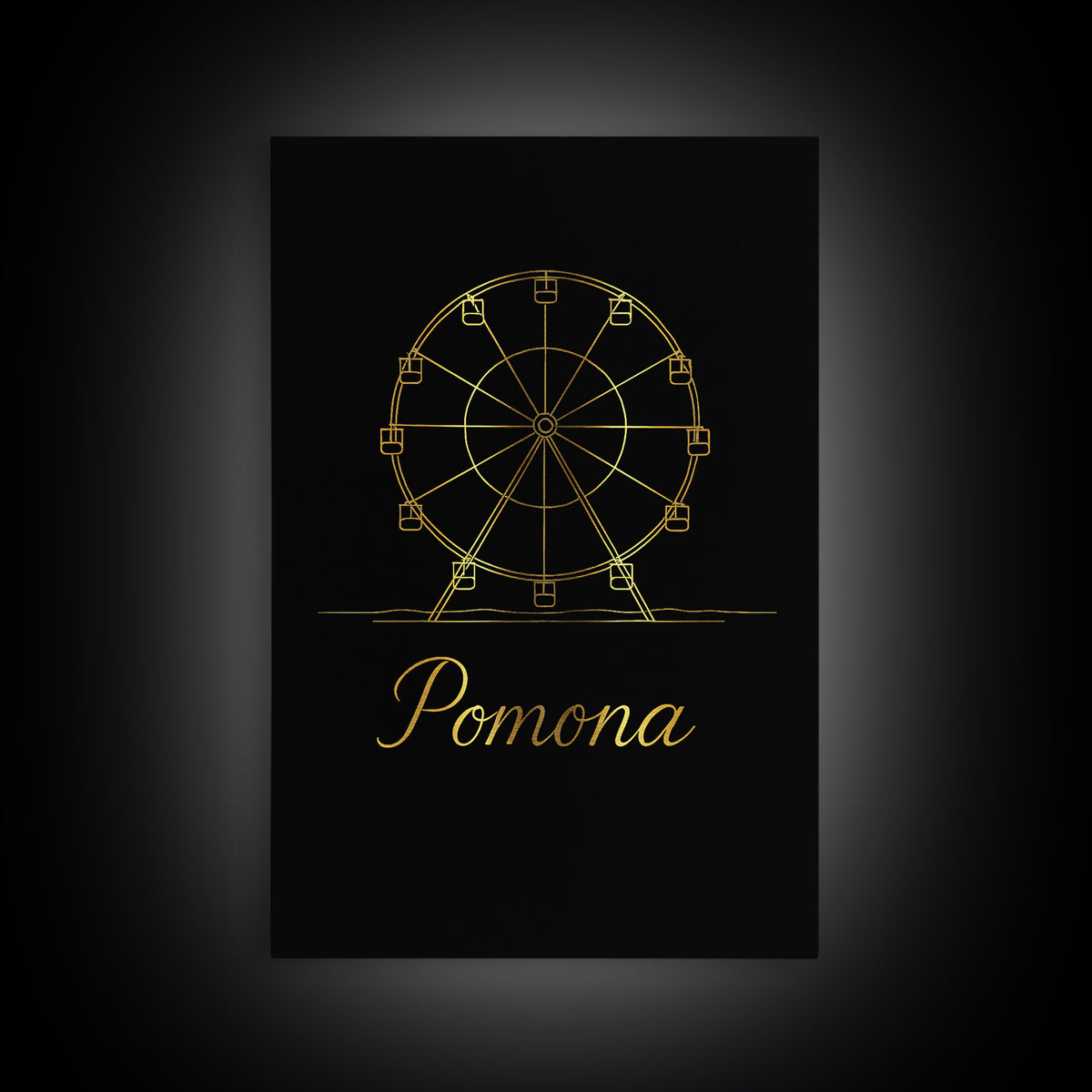 Pomona California Travel Poster, Framed Canvas Print, Black Gold Minimalist Art, Pomona Travel Art, Modern Wall Decor, Mid Century Wall Art