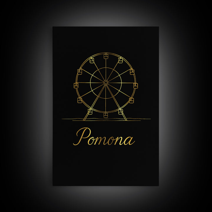 Pomona California Travel Poster, Framed Canvas Print, Black Gold Minimalist Art, Pomona Travel Art, Modern Wall Decor, Mid Century Wall Art