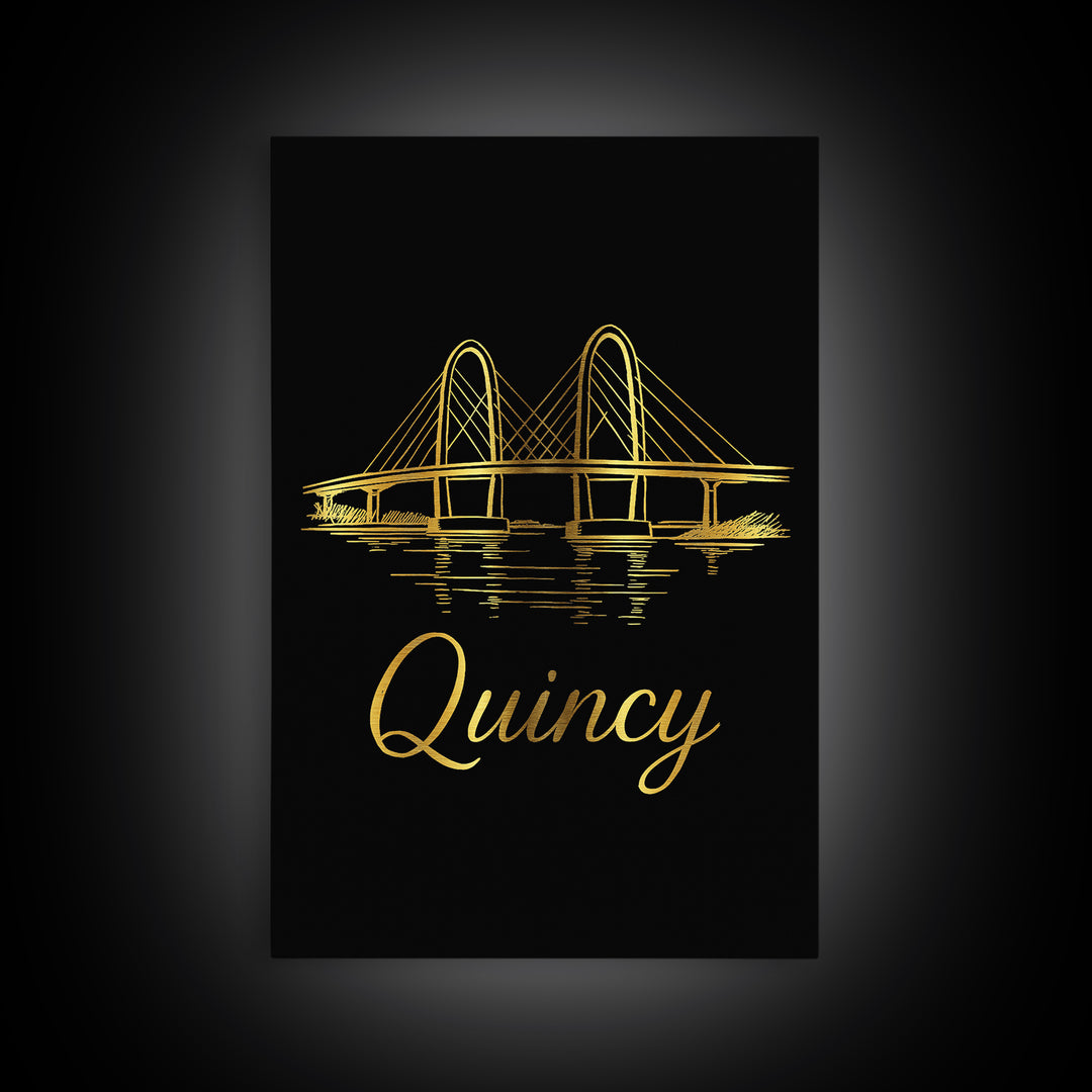 Quincy Massachusetts Travel Poster, Canvas Print, Gold Outline Poster Art, Quincy Wall Art, Wall Decor, Travel Poster Art, Home Decor