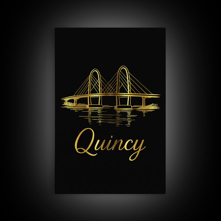 Quincy Massachusetts Travel Poster, Canvas Print, Gold Outline Poster Art, Quincy Wall Art, Wall Decor, Travel Poster Art, Home Decor