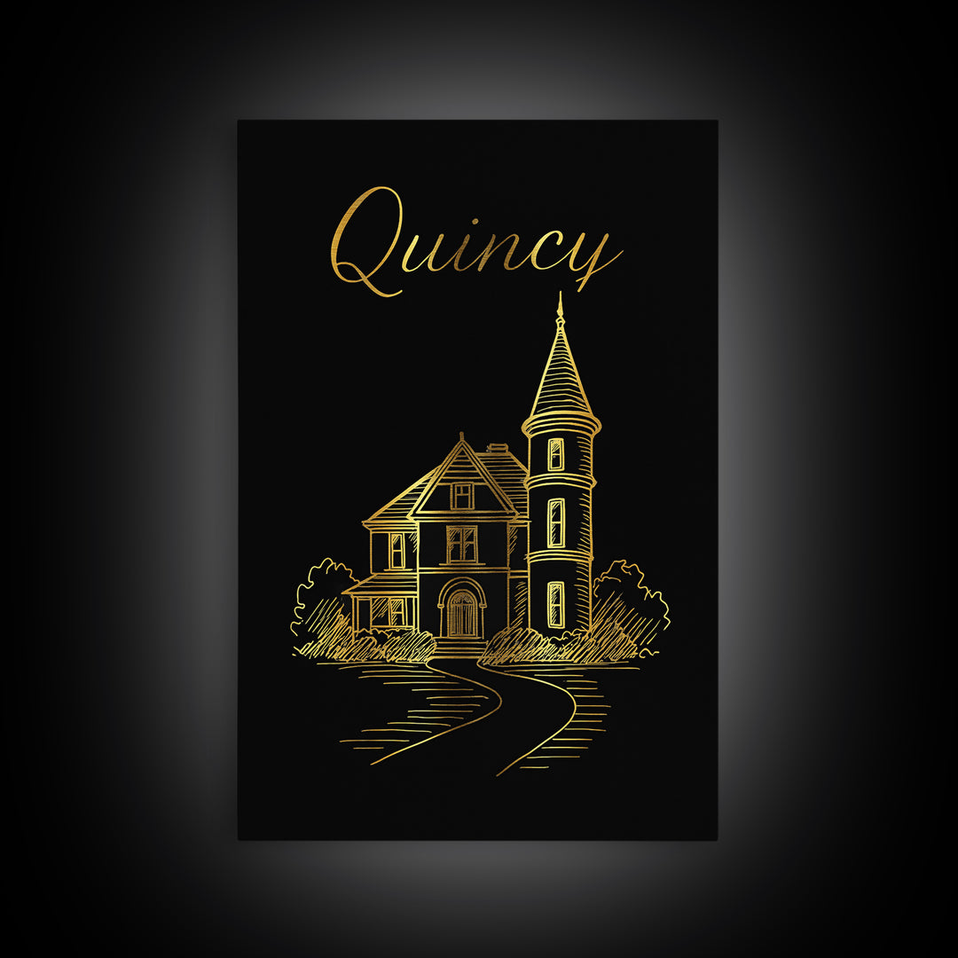 Quincy Travel Poster, Canvas Print, Minimalist Gold Line Art, Quincy City Art, Gift For Travelers, Eclectic Wall Decor, Travel Wall Art