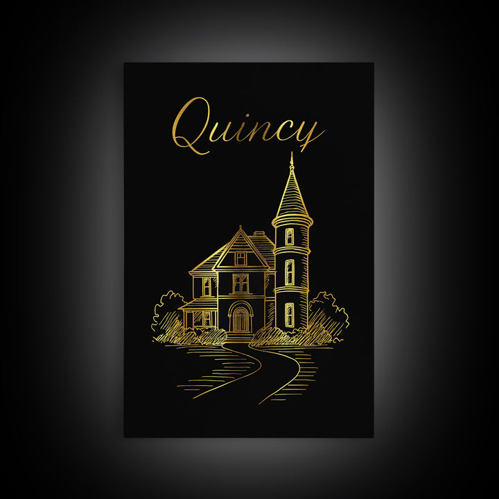 Quincy Travel Poster, Canvas Print, Minimalist Gold Line Art, Quincy City Art, Gift For Travelers, Eclectic Wall Decor, Travel Wall Art
