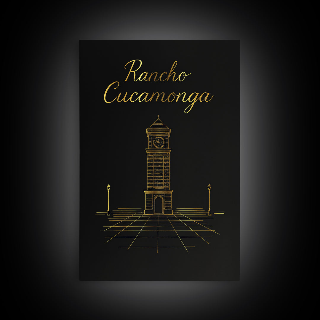 Rancho Cucamonga Travel Poster, Framed Canvas Print, Gold Outline Poster Art, Rancho Cucamonga Poster Print, Watercolor Downtown Skyline