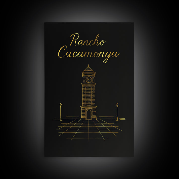 Rancho Cucamonga Travel Poster, Framed Canvas Print, Gold Outline Poster Art, Rancho Cucamonga Poster Print, Watercolor Downtown Skyline