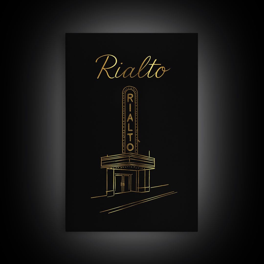 Rialto California Travel Poster, Canvas Print, Gold Outline Poster Art, Rialto Wall Art, Wall Decor, Travel Poster Set, Gift For Travelers