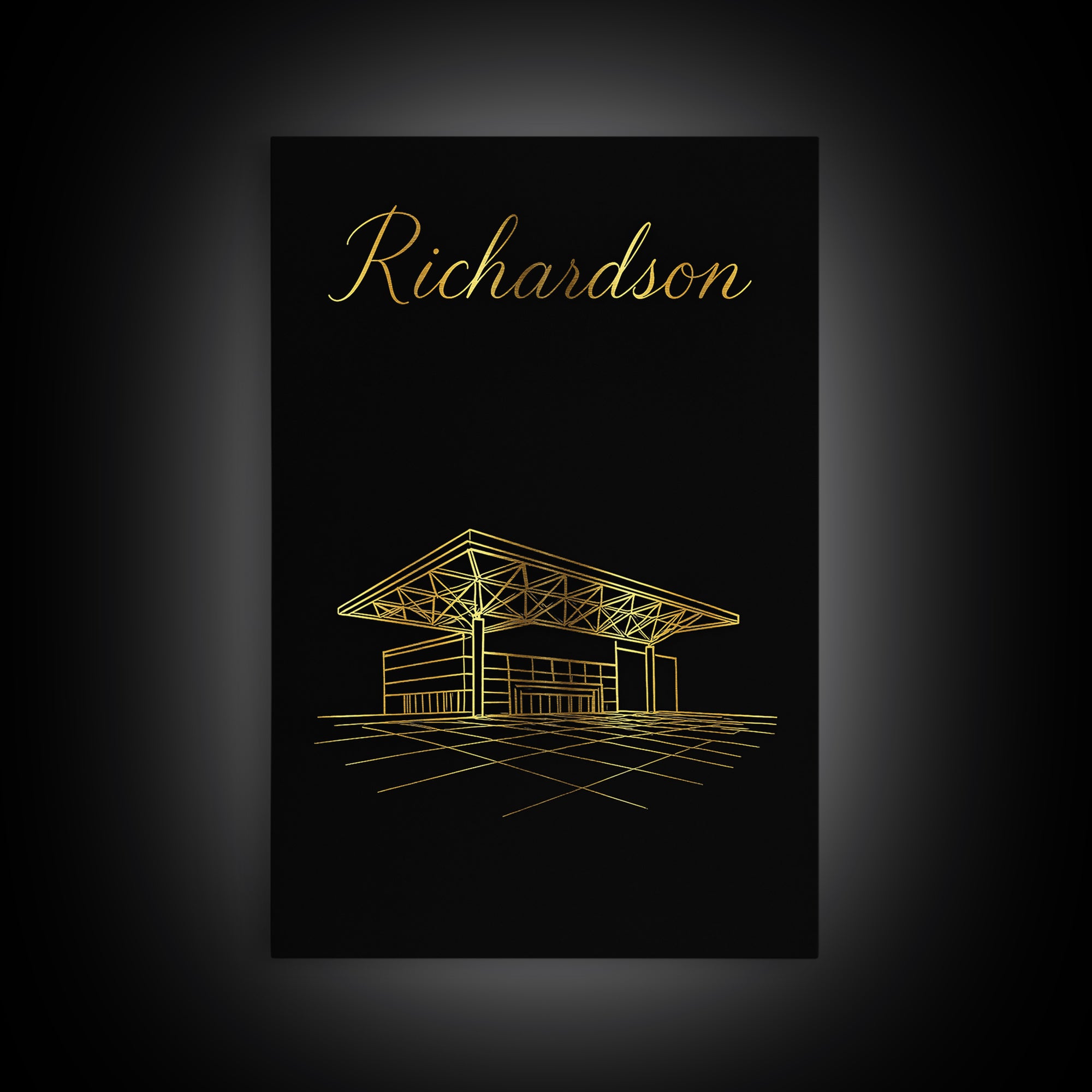Richardson Texas Travel Poster, Framed Canvas Print, Gold Outline Poster Art, Richardson Art Print, City Illustration, Fine Art Print
