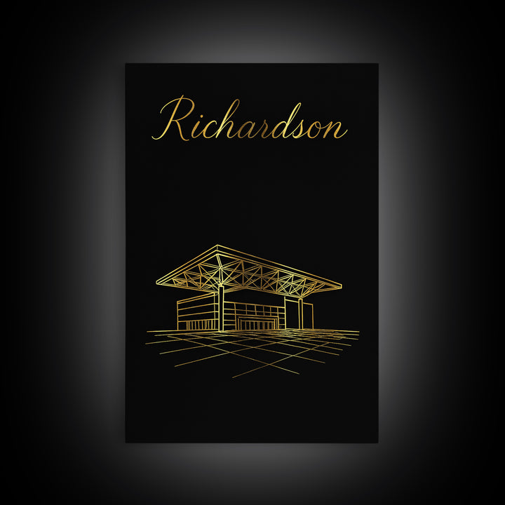 Richardson Texas Travel Poster, Framed Canvas Print, Gold Outline Poster Art, Richardson Art Print, City Illustration, Fine Art Print