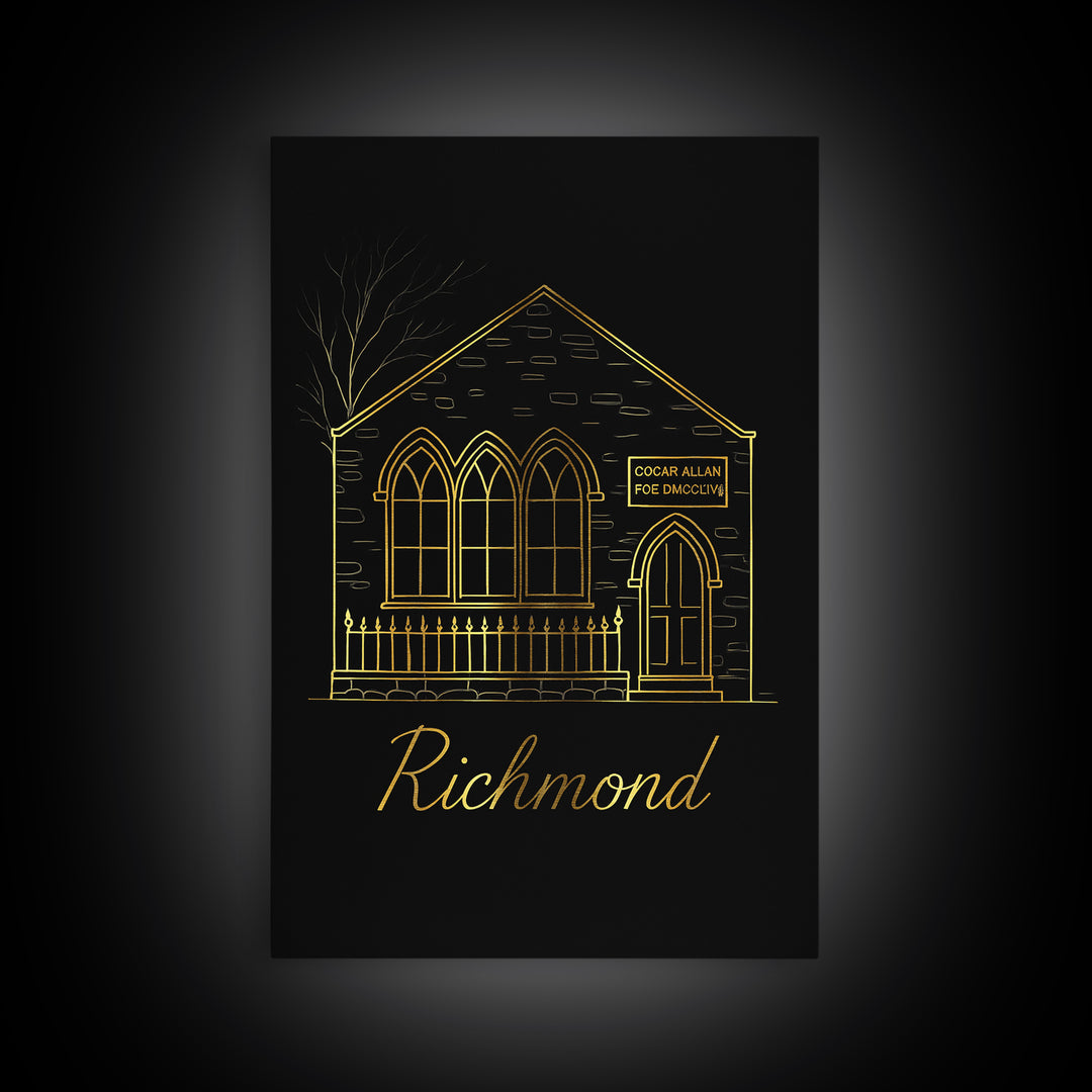 Richmond Virginia Travel Poster, Canvas Print, Minimalist Gold Line Art, Richmond Travel Art, City Art Print, City Illustration, Poster Art