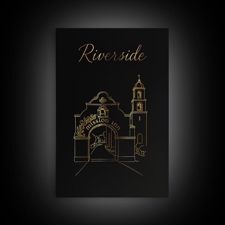 Riverside Travel Poster, Framed Canvas Print, Black Gold Minimalist Art, Riverside City Art, Eclectic Wall Decor, Travel Wall Art