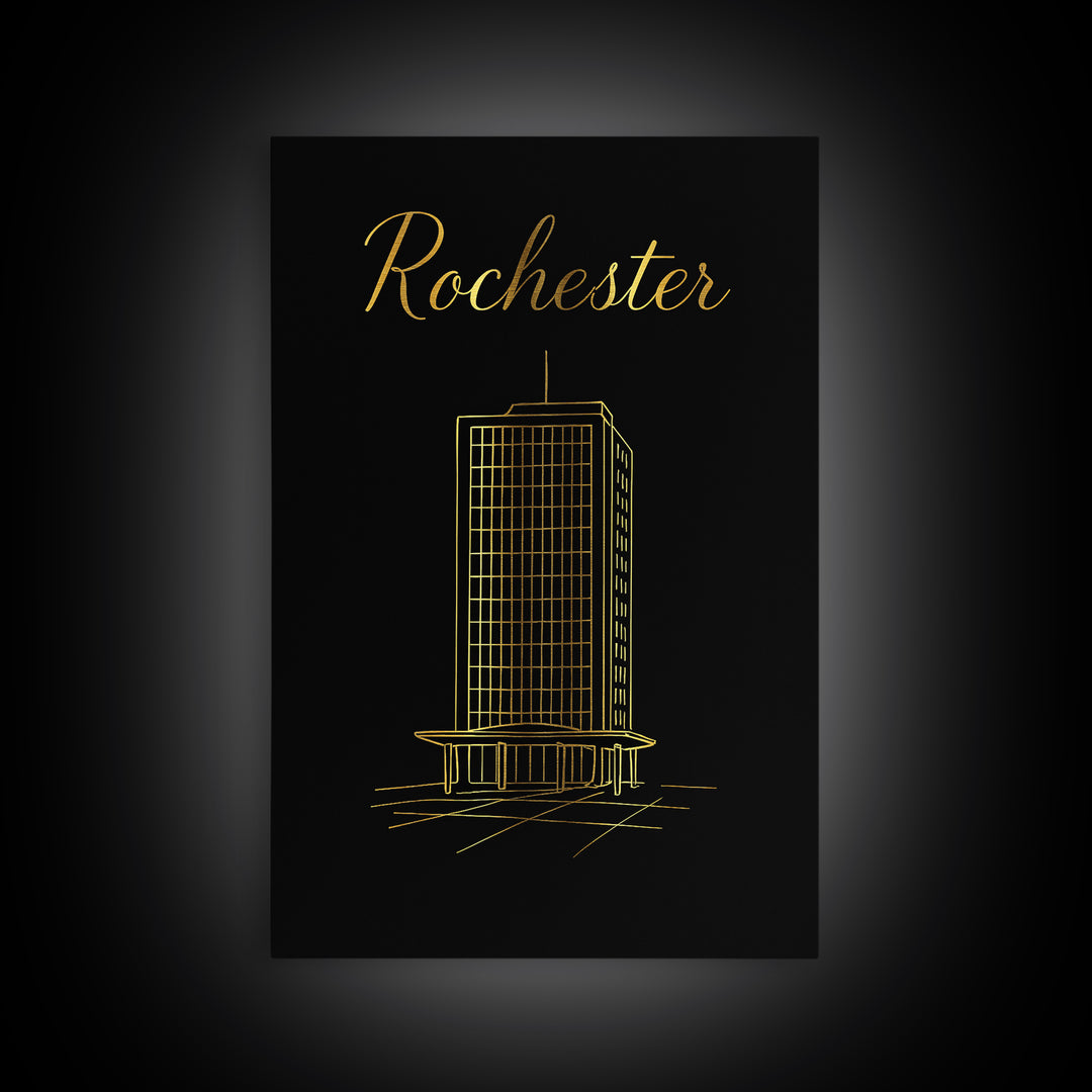 Rochester Travel Poster, Framed Canvas Print, Gold Outline Poster Art, Rochester Art Print, Retro Travel Print, Travel Wall Decor