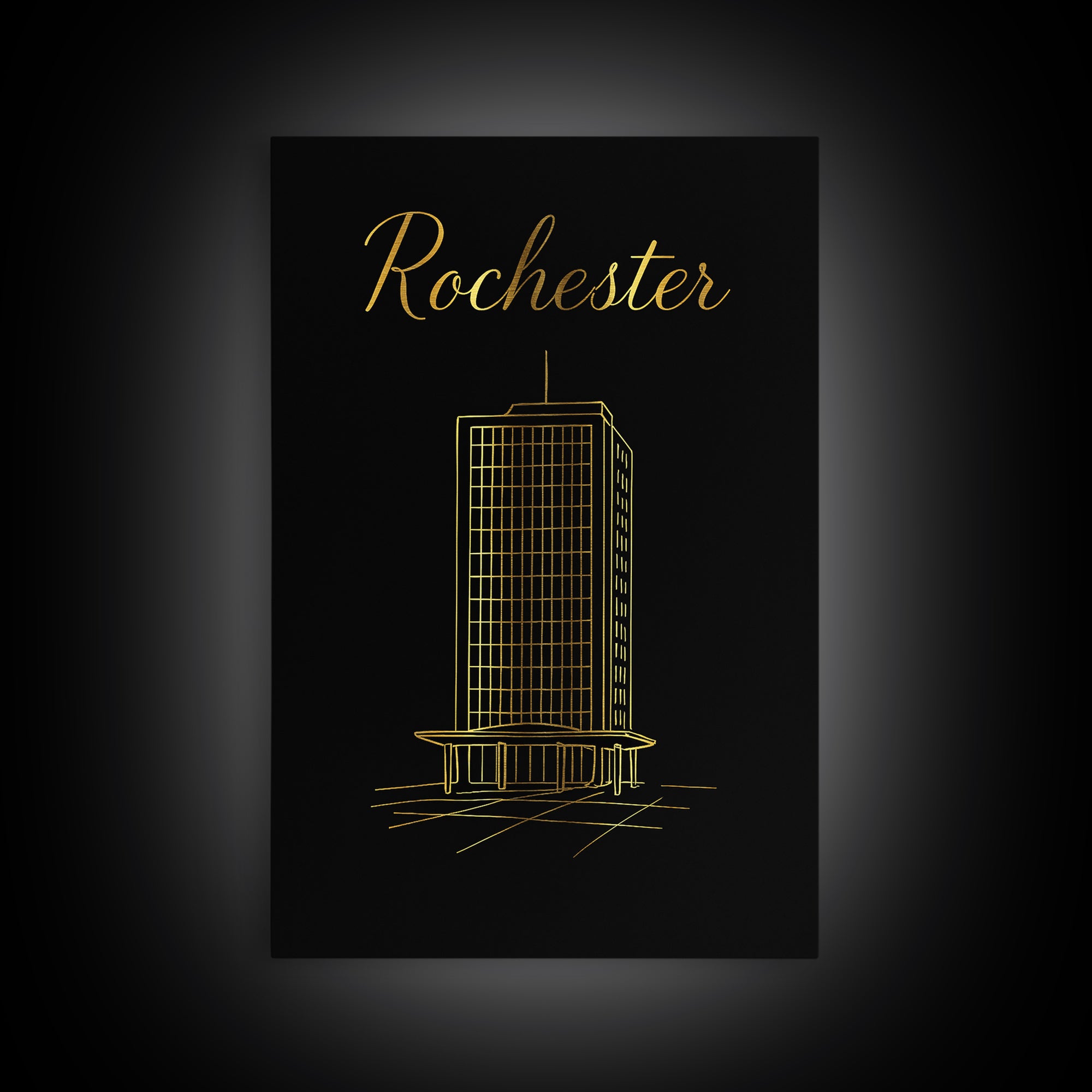 Rochester Travel Poster, Framed Canvas Print, Gold Outline Poster Art, Rochester Art Print, Retro Travel Print, Travel Wall Decor