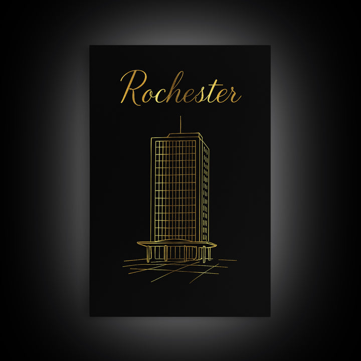 Rochester Travel Poster, Framed Canvas Print, Gold Outline Poster Art, Rochester Art Print, Retro Travel Print, Travel Wall Decor