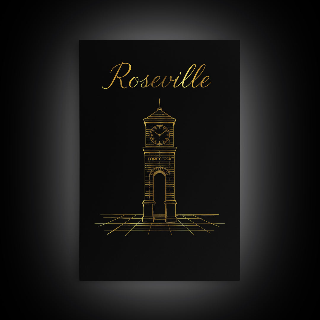 Roseville California Travel Poster, Framed Canvas Print, Gold Outline Poster Art, Roseville City Art, Travel Poster Set, Home Office Decor