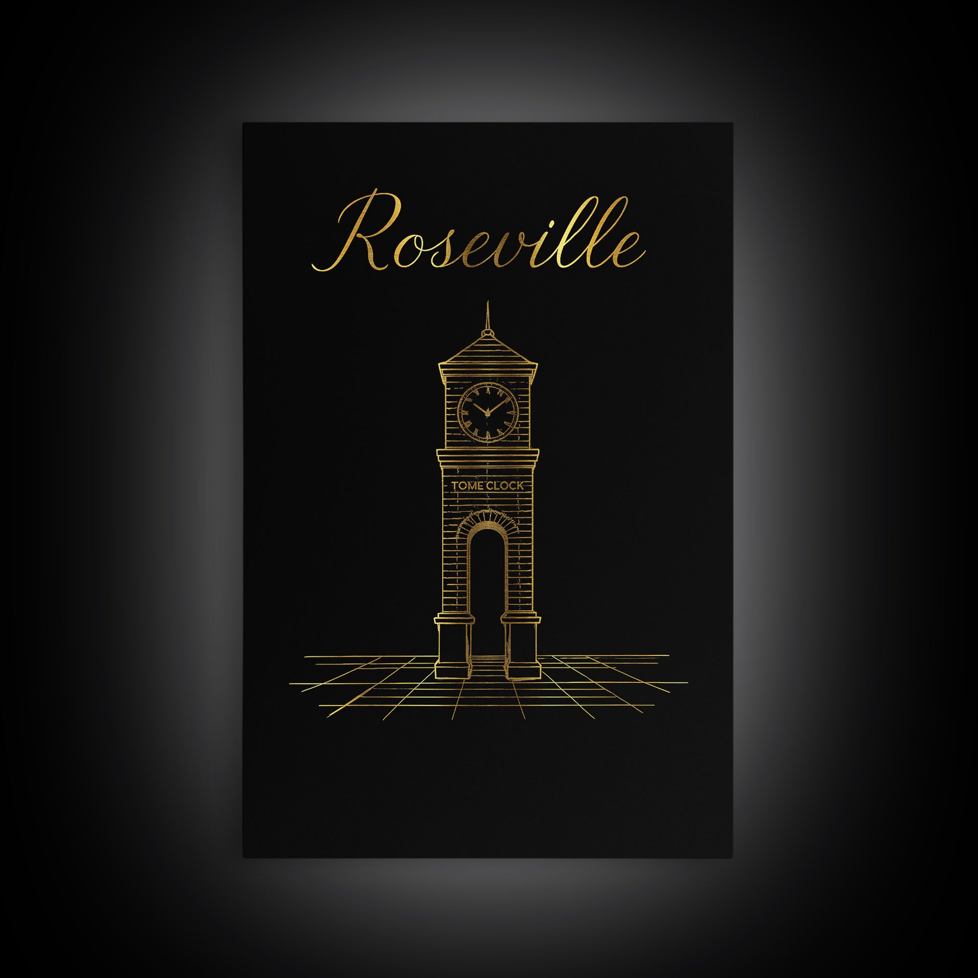 Roseville California Travel Poster, Framed Canvas Print, Gold Outline Poster Art, Roseville City Art, Travel Poster Set, Home Office Decor