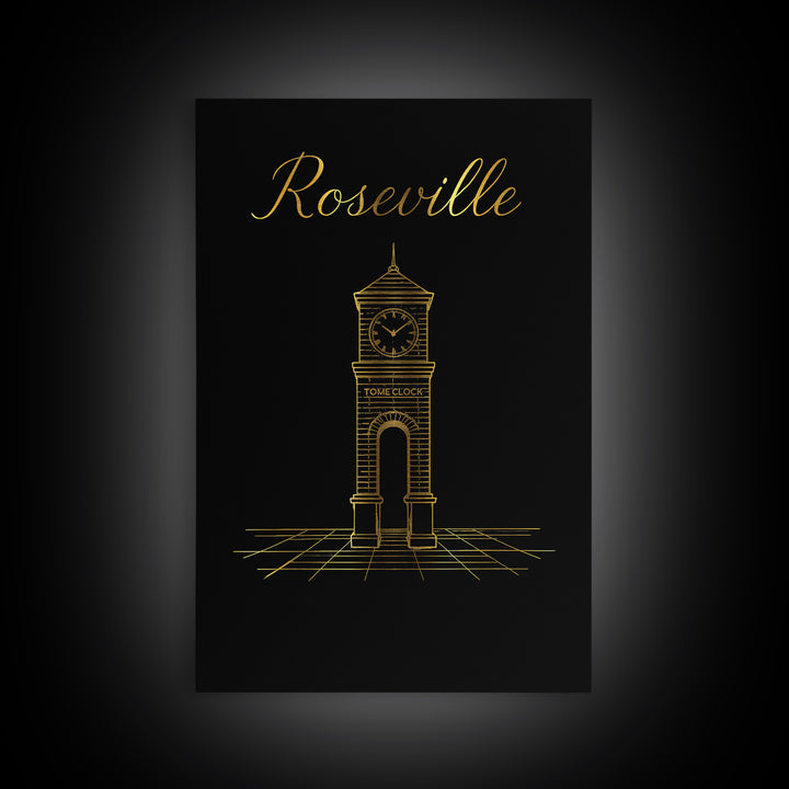 Roseville California Travel Poster, Framed Canvas Print, Gold Outline Poster Art, Roseville City Art, Travel Poster Set, Home Office Decor