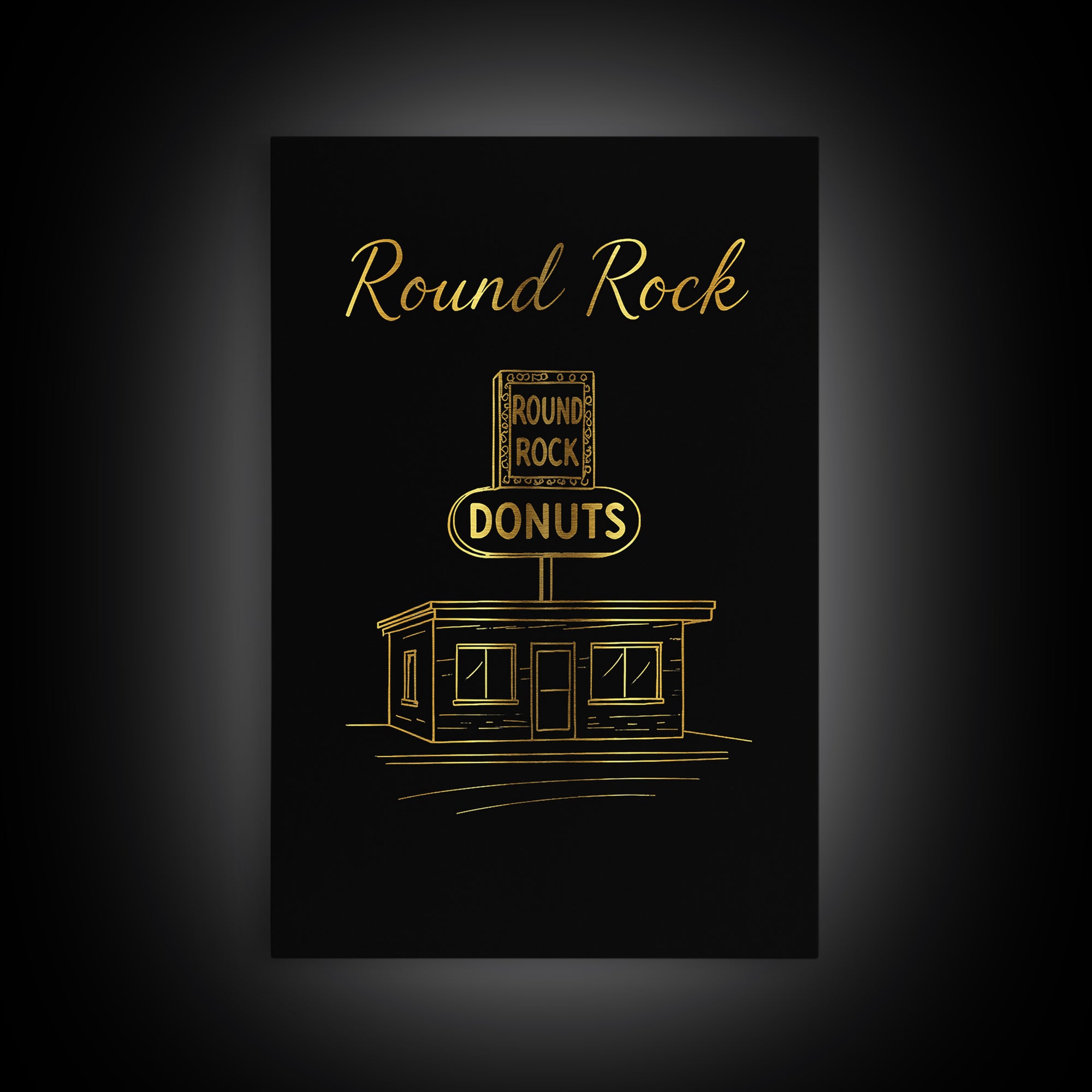 Round Rock Texas Travel Poster, Framed Canvas Print, Gold Outline Poster Art, Round Rock Travel Art, Gift For Travelers, Vintage Travel Art