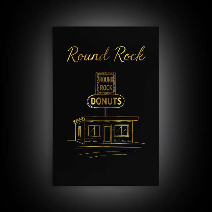 Round Rock Texas Travel Poster, Framed Canvas Print, Gold Outline Poster Art, Round Rock Travel Art, Gift For Travelers, Vintage Travel Art