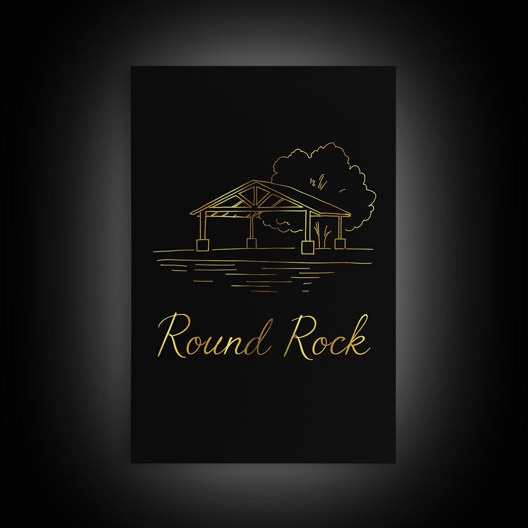 Round Rock Travel Poster, Framed Canvas Print, Gold Outline Poster Art, Round Rock Art Print, Retro Travel Print, Mid Century Wall Art