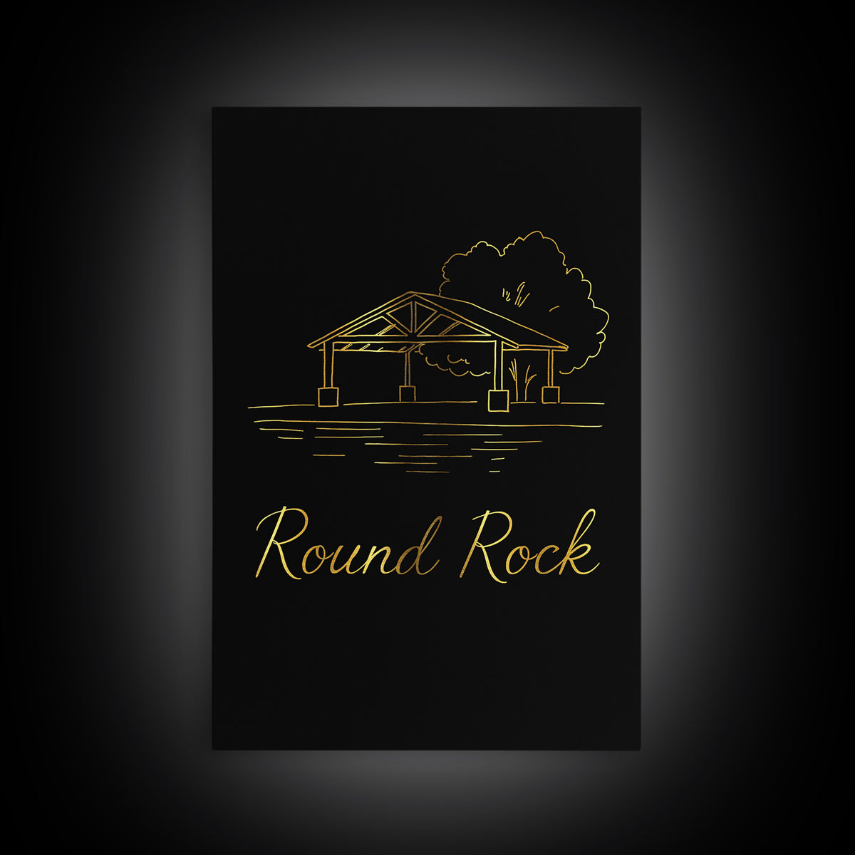 Round Rock Travel Poster, Framed Canvas Print, Gold Outline Poster Art, Round Rock Art Print, Retro Travel Print, Mid Century Wall Art