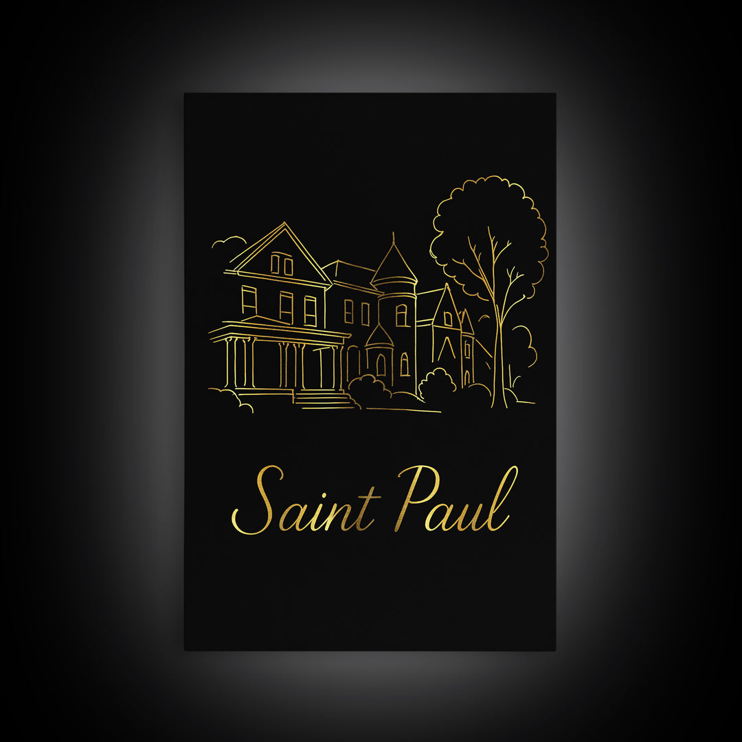 Saint Paul Minnesota Travel Poster, Canvas Print, Gold Outline Poster Art, Saint Paul Travel Art, City Illustration, Living Room Wall Art