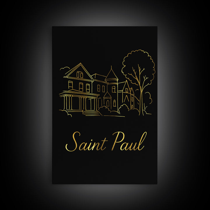 Saint Paul Minnesota Travel Poster, Canvas Print, Gold Outline Poster Art, Saint Paul Travel Art, City Illustration, Living Room Wall Art