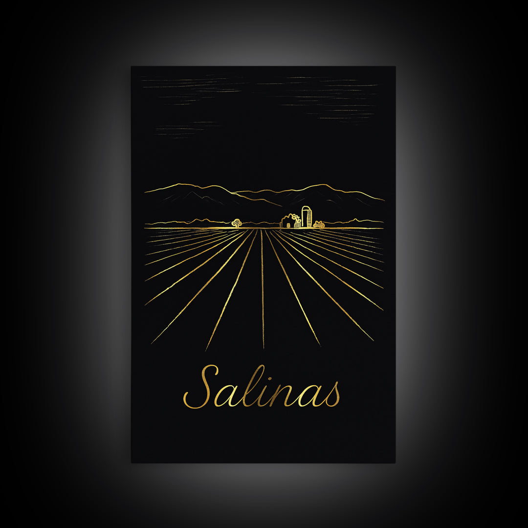 Salinas California Travel Poster, Canvas Print, Gold Outline Poster Art, Salinas Art Print, Travel Wall Decor, City Art Print, Wall Decor