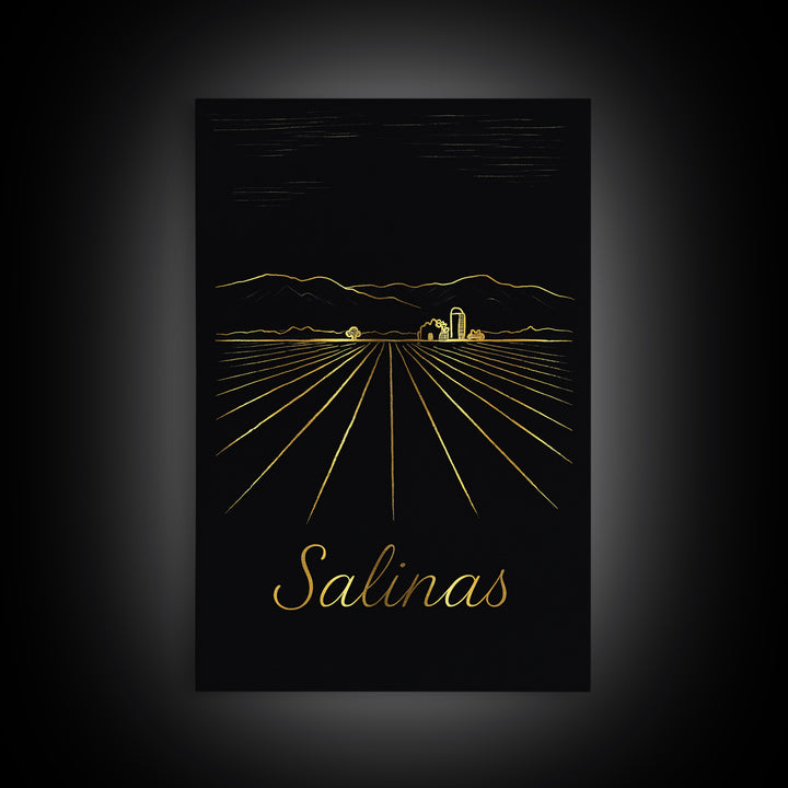 Salinas California Travel Poster, Canvas Print, Gold Outline Poster Art, Salinas Art Print, Travel Wall Decor, City Art Print, Wall Decor