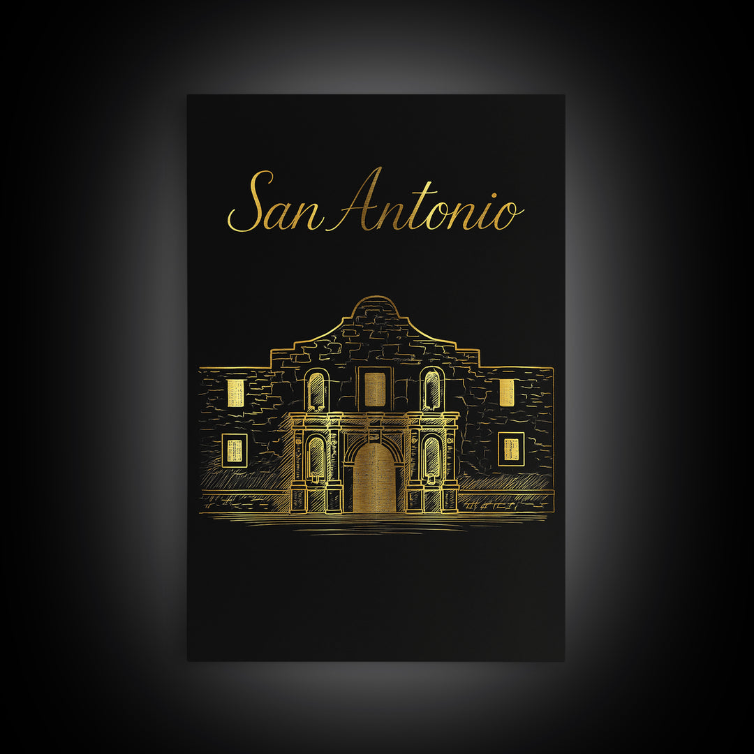 San Antonio Texas Travel Poster, Framed Canvas Print, Black Gold Minimalist Art, San Antonio City Art, City Travel Prints, City Illustration